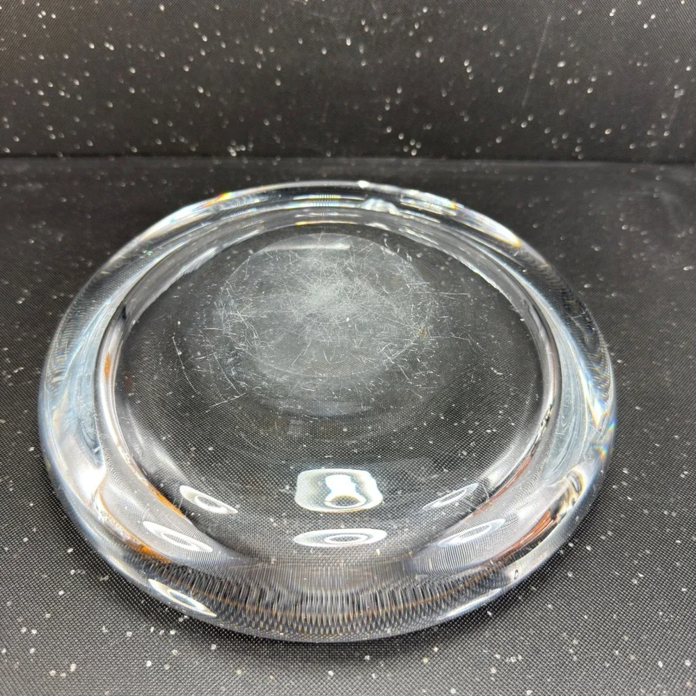 Vintage 1960s Sweden Art Glass Ashtray 8 Inch Heavy Clear Crystal MCM Round